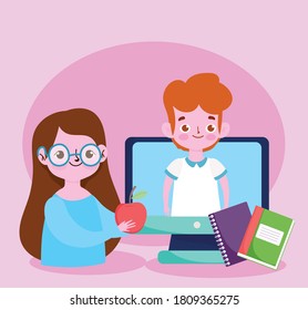 happy teachers day, teacher and student boy computer books and apple vector illustration