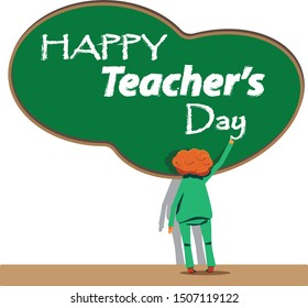 Happy Teacher's day. Template for greeting card, poster, banner. Green chalkboard and a school boy drawing on it. Chalk grunge lettering. Cartoon style. Red curly hair. Young student.