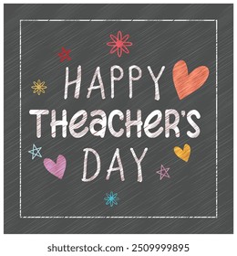 Happy Teacher's Day text with flower and heart decorations. Celebration of World Teachers Day. Happy Teachers Day concept. Flat vector illustration.