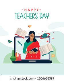 Happy Teacher's day text, Indian women teacher teaching online with educational vector background