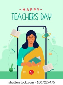 Happy Teacher's Day Text, Indian Women Teacher Teaching Online With Educational Vector Background