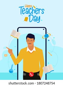 Happy Teacher's Day Text, Indian Male Teacher Teaching Online With Educational Vector Blue Background