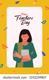 Happy Teacher's day text, Indian women teacher teaching online class with educational vector background
