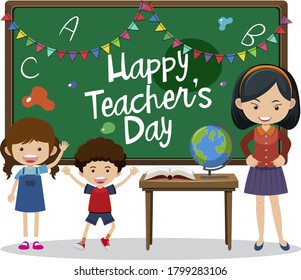 Happy Teacher's Day text on blackboard with kids and teacher in the classroom illustration