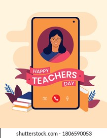 Happy Teacher's day text in ribbon, Indian women teacher teaching online with books vector background