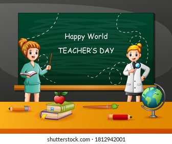 Happy Teacher's Day text with woman teacher and student