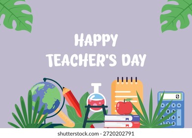 Happy teachers day with tools below the text. Teacher day Concept. Colored flat vector illustration isolated
