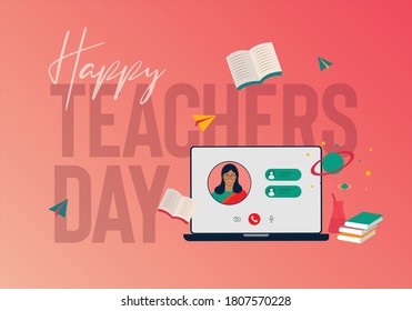 Happy Teacher's day typography,  Indian women teacher teaching online. Online educational vector background