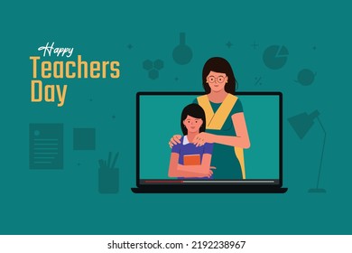 Happy Teacher's day typography, an Indian women teacher teaching an online class. Online educational vector background
