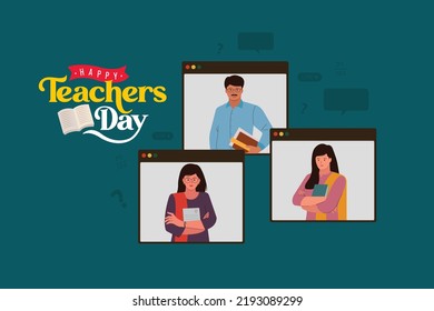 Happy Teacher's day typography, an Indian teachers teaching an online class. and online educational vector 