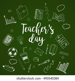 Happy Teacher's day - unique handdrawn vector art. On greenboard background. Great design element for congratulation cards, banners and flyers.