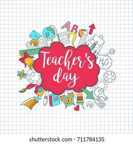 Happy Teacher's day - unique handdrawn typography poster with school sticker style essentials on lined paper. Vector art. Great design element for congratulation cards, banners and flyers.