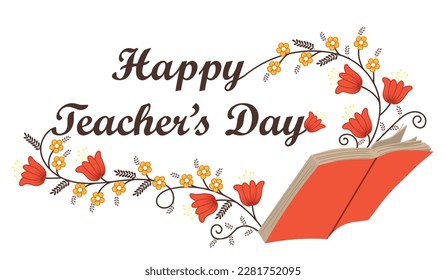 Happy Teacher's Day. Vector flat banner with flowers and book. 
