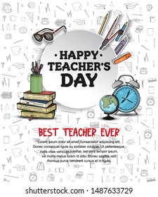 happy teachers day vector illustration with school equipment for poster, brochure, banner and greeting card