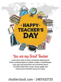 happy teachers day vector illustration with school equipment for poster, brochure, banner and greeting card