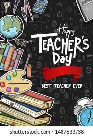 happy teachers day vector illustration with school equipment for poster, brochure, banner and greeting card