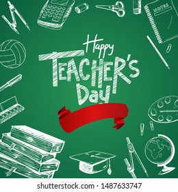 happy teachers day vector illustration with school equipment for poster, brochure, banner and greeting card