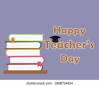 Happy Teacher's Day vector illustration with pile of books .
