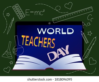 Happy Teachers Day vector illustration, postcards, educational tools, green chalkboard, computer screen