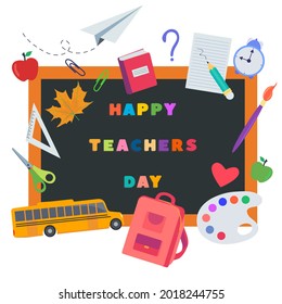 Happy teachers day vector illustration with education supplies or tools collection with schoolboard, schoolbook, backpack and bus.