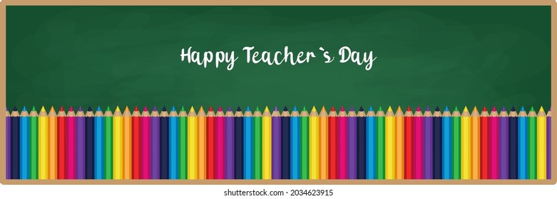 Happy teachers day vector illustration with chalk board, colorful crayons, pencils and pens. Typography design with chalk letters for greeting card or web banner