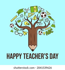 happy teachers day vector illustration with school elements. Pencil Vector on flat design style.  