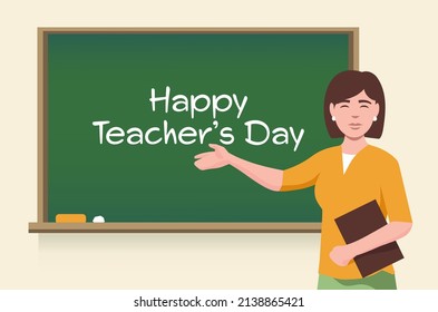 Happy Teacher's Day vector illustration. Smiling woman teacher points at the school board with the text. Each object is isolated.