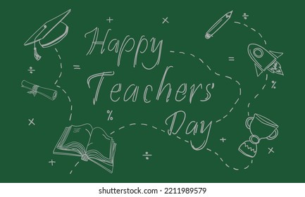 Happy teachers day vector illustration with school equipment with handwriting