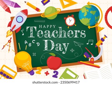 Happy Teacher's Day Vector Illustration with School Equipment Such as Blackboards, Pencils, Bags, Books and Others in Flat Cartoon Background