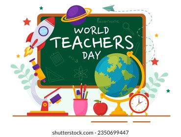 Happy Teacher's Day Vector Illustration with School Equipment Such as Blackboards, Pencils, Bags, Books and Others in Flat Cartoon Background