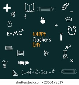 Happy Teachers Day vector illustration with school equipment. Happy teacher's day greeting card. Celebrating Teacher's Day with icon set. Teacher's day background.
