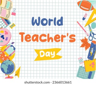 Happy Teacher's Day vector Illustration with school equipment such as notebooks, pencils, bags, books and others in flat cartoon background.