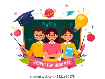 Happy Teacher's Day Vector Illustration featuring School Supplies such as Blackboards, Pencils, Bags, Books, and Other Items in Flat Background
