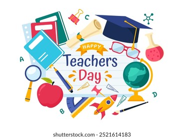 Happy Teacher's Day Vector Illustration featuring School Supplies such as Blackboards, Pencils, Bags, Books, and Other Items in Flat Background