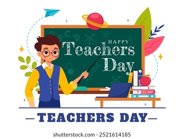 Happy Teacher's Day Vector Illustration featuring School Supplies such as Blackboards, Pencils, Bags, Books, and Other Items in Flat Background