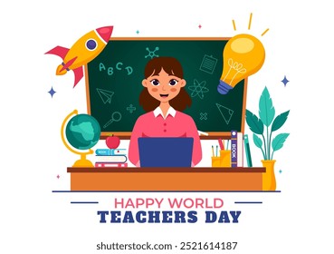 Happy Teacher's Day Vector Illustration featuring School Supplies such as Blackboards, Pencils, Bags, Books, and Other Items in Flat Background