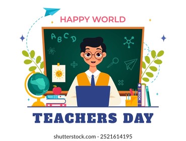 Happy Teacher's Day Vector Illustration featuring School Supplies such as Blackboards, Pencils, Bags, Books, and Other Items in Flat Background