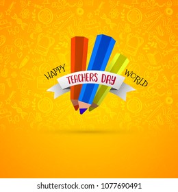 Happy teachers day vector typography emblem isolated on bright yellow background with education symbols doodle pattern. Modern flat design for greeting card, logo, stamp or banner.