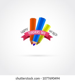 Happy teachers day vector typography emblem. Modern flat design for greeting card, logo, stamp or banner.