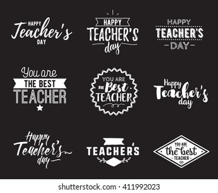 Happy teachers day vector typography set. Lettering design for greeting card, logo, stamp or banner.