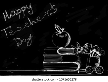 Happy Teacher's day - white inscription on a black board, handdrawn typography poster. Vector illustration. Great design element for congratulation cards, banners and flyers.