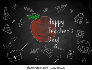 Happy Teacher's day - white inscription on a black board, handdrawn typography poster. Vector illustration. Great design element for congratulation cards, banners and flyers.