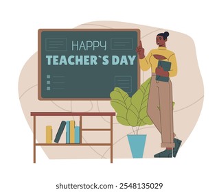 Happy teachers day. Woman near chalkboard. Education and training. Lesson in school classroom. International holiday and festival 5 October. Flat vector illustration isolated on white background