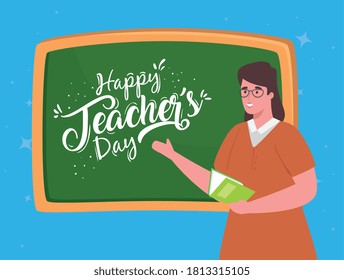 happy teachers day, with woman teacher and chalkboard vector illustration design