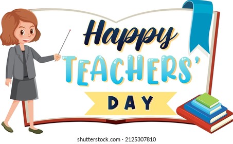 Happy Teachers Day word banner with a woman teacher illustration