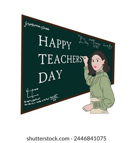 Happy teachers' day. A young female teacher with a whiteboard in casual clothes in a vector illustration. Isolated background. 