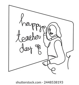 Happy teachers' day. A young female teacher with a whiteboard in casual clothes in a continuous line draw. Isolated background.