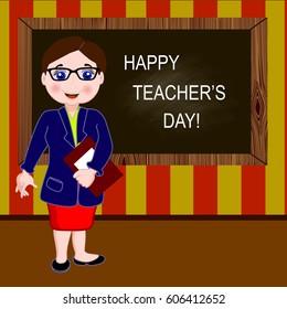 Happy teacher`s day! Young female teacher on lesson at blackboard in classroom.  Vector illustration. 