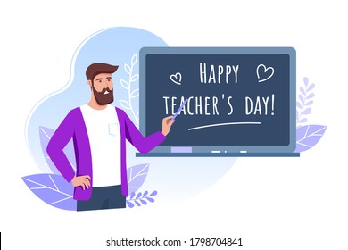 Happy teachers day, young man teacher holds a pointer and stands near the school board, vector illustration