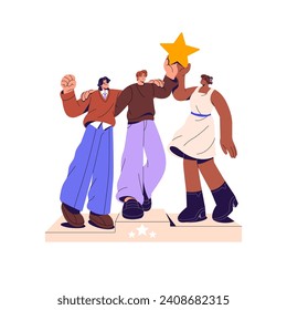 El equipo feliz celebra la victoria, se regocija por el éxito. Los ganadores tienen estrella de oro, premio de oro, recompensa. Amigos en pedestal, comparten la victoria. Premio al trabajo en equipo. Ilustración vectorial aislada plana en blanco